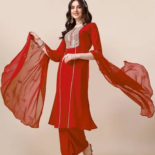 Lady in stylish chilli red kurta set